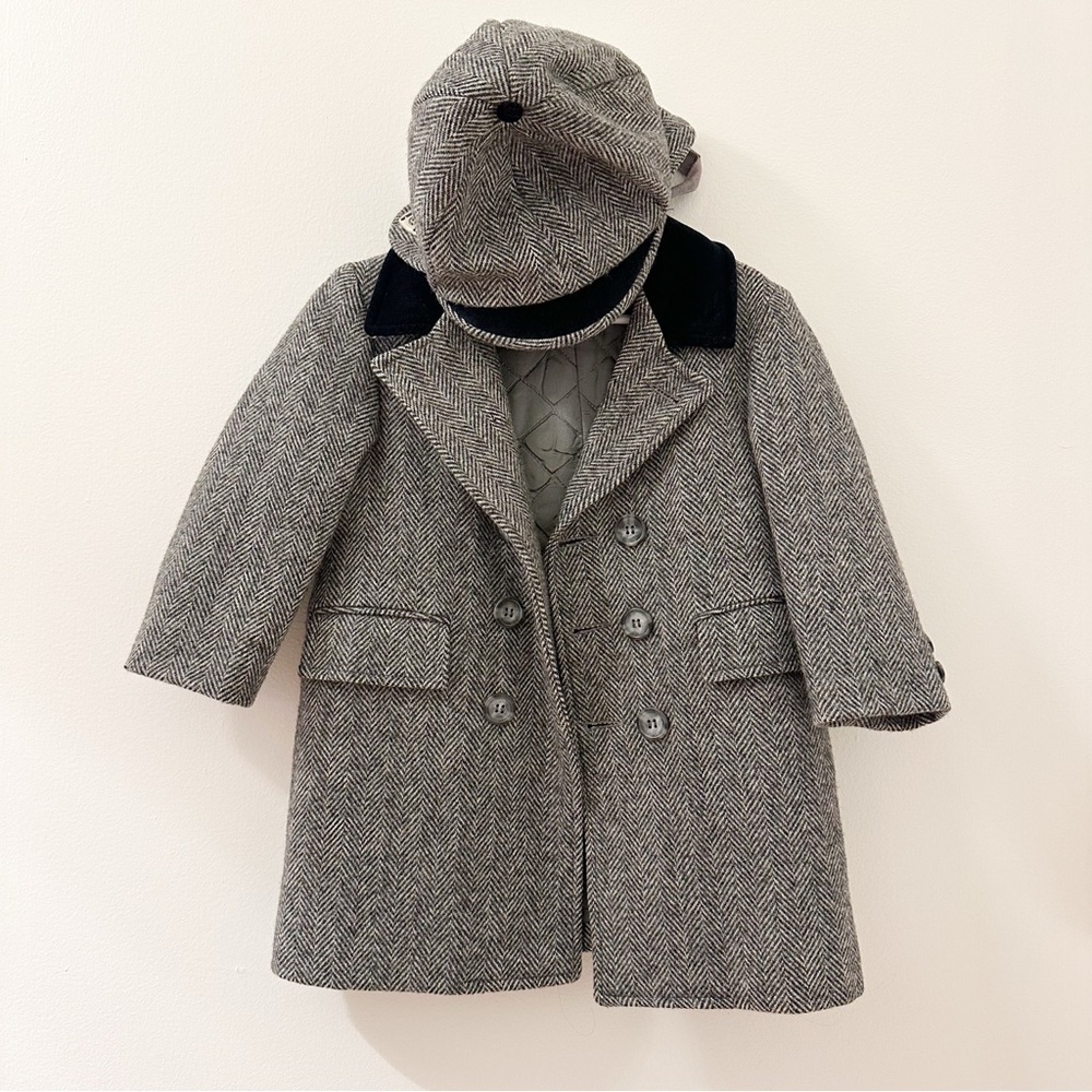 Vintage IMP Originals Herringbone Tweed Double Breasted Wool Peacoat Hat Set 2T